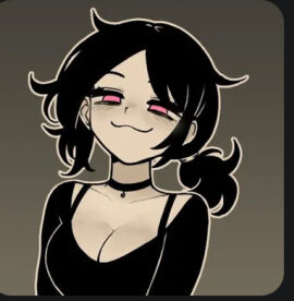 1girls :3 ashley_graves black_hair breasts choke_collar choker female female_only fictional_character fictional_characters fully_female head_only owo pink_eyes smirk the_coffin_of_andy_and_leyley uwu