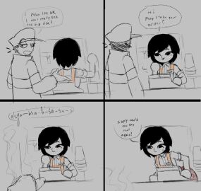 1boy 1girls 4koma apron ava_(gazoogaloo) black_eyes black_hair brodtsumi comic english_text female hat male mii mole mole_under_eye nintendo oc short_hair speech_bubble text text_bubble