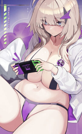 aa-12_(girls'_frontline) absurdres black_bra blue_eyes bra breasts brown_hair cleavage closed_mouth collarbone commentary_request female girls'_frontline hair_ornament hair_over_eyes handheld_game_console highres holding holding_handheld_game_console jacket large_breasts long_hair long_sleeves navel nintendo_switch panties plump purple_panties shio05_(05_sio) sitting solo star_(symbol) star_hair_ornament thighs underwear white_jacket