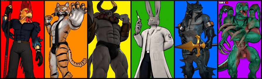 3d 3d_(artwork) 5_fingers abs absurd_res alpha_(petruz) anthro athletic athletic_anthro athletic_male avian bird black_body black_feathers blue_body blue_skin bottomwear bovid bovine briefs camera_view cattle censored chicken clothed clothed_anthro clothed_male clothing coat convenient_censorship daao_(petruz) digital_media_(artwork) eyewear feathers felid fingers fur galliform gallus_(genus) genitals glasses gloves grey_body grey_fur group hand_wraps handwear hare hi_res horn humanoid_hands hybrid labcoat lagomorph leporid luzhius_(petruz) male male_only mammal melee_weapon mosaic_censorship muscular muscular_anthro muscular_male navel necktie nude nude_anthro nude_male orange_body orange_fur pantherine pants penis phasianid polearm reindeerviking reyfeng_(petruz) source_filmmaker_(artwork) staff steeljaw_(petruz) striped_body striped_fur stripes syringe tiger topless topless_anthro topless_male topwear trident triton underwear weapon wearing_glasses white_body white_fur wraps wristband yellow_body yellow_feathers zang_(petruz)