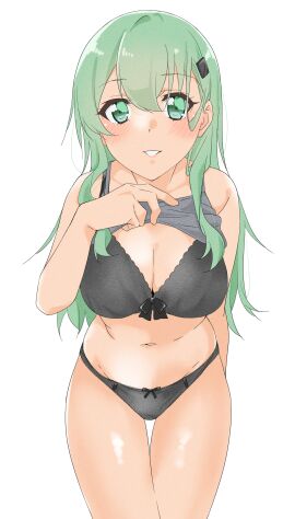 1girls aqua_eyes aqua_hair black_bra black_panties bow bow_bra bow_panties bra breasts cleavage female grey_tank_top hair hair_ornament kantai_collection lifting_own_clothes long_hair looking_at_viewer maonatten navel panties simple_background solo solo_female solo_focus suzuya_(kantai_collection) tank_top tank_top_lift underwear white_background