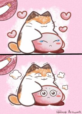 accidental_sex ambiguous_gender ambiguous_penetration blush comforting crying cum cum_inside erection feline gone_wrong heart hugging idolnya kirby kirby_(series) kirby_dreamland_3 male nago_(kirby) penis shocked shocked_expression sweat what x-ray