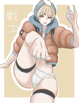apex_legends bangs blonde_hair blue_eyes female foot_fetish foot_focus functionally_nude green_nails green_toenails jacket light-skinned_female light_skin navel orange_jacket painted_nails painted_toenails pale-skinned_female pale_skin panties partially_clothed presenting_feet puffer_jacket thigh_strap ueda8039 wattson_(apex_legends) white_panties white_underwear