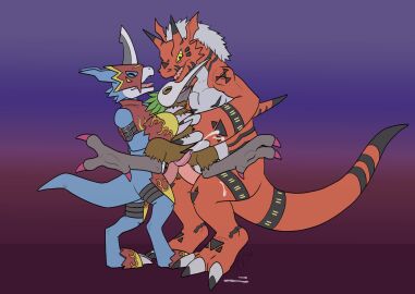 absurd_res anthro armor avian bandai_namco beak bird blue_body bodily_fluids brown_body cloacal cloacal_penetration cloacal_penis cum digimon digimon_(species) dragon ejaculation feet feral flamedramon genital_fluids genitals group group_sex growlmon hi_res kiwi_(bird) kiwimon male male/male markings mythological_creature mythological_scalie mythology open_beak open_mouth p.v.su penetration penis ratite red_body reptile scalie seminal_groove sex simple_background spread_legs spreading sulcus sulcus_spermaticus talons threesome toes trio