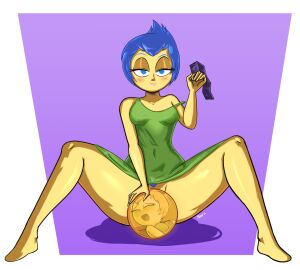 1girls alternate_version_available blue_eyes blue_hair breasts condom disney dress dress_lift exposed_pussy female female_only holding_condom holding_object inside_out inside_out_2 joy_(inside_out) looking_at_viewer moaning one_eye_closed pixar pubic_hair pussy short-haired_female short_hair sitting solo solo_female solo_focus stewsspicyblog tagme yellow_body yellow_skin