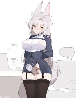 1girls absurdres animal_ear_fluff animal_ears black_thighhighs blush breasts commission covered_nipples disembodied_hand eun_soyeon_(lustyfox) female fingering fox_ears fox_girl garter_straps grey_hair heart highres jacket large_breasts long_hair looking_to_the_side mole mole_on_crotch mole_on_thigh mole_under_eye mona_kkkk office office_lady open_clothes open_jacket original pussy pussy_juice shirt skindentation sweat thighhighs trembling very_long_hair white_shirt yellow_eyes