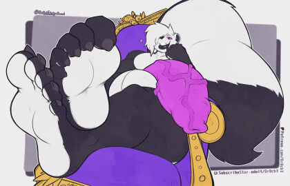 0r0ch1 1boy 2025 5_toes abs artist_signature balls ballsack barefoot big_penis big_thighs buff clawed_feet claws fangs feet femboy foot_fetish lipstick looking_at_viewer male muscular muscular_femboy muscular_male penis purple_eyes sitting skunk tail thick_thighs throne tufted_hair veiny_penis voluptuous_male wide_hips