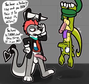 3_toes anthro balls big_penis black_clothing black_jacket black_nose black_scarf black_topwear blue_scarf blush bodily_fluids bottomless bottomless_male bottomwear casual_nudity claws clothed clothing dialogue dipstick_ears duo english_text feet femboy fur gay gay_anal gay_male gay_sex genital_fluids genitals glans green_body green_scales green_scarf grey_body grey_fur hair hand_on_hip homosexual homosexual_male homosexual_sex jacket kobold loincloth male male/male male_penetrated male_penetrating male_penetrating_male motion_lines multicolored_ears open_clothing open_jacket open_topwear pattern_clothing pattern_scarf penis pink_glans precum purple_bottomwear purple_clothing purple_loincloth purple_penis red_clothing red_eyes red_hair red_shirt red_topwear scales scalie scarf shirt solo_male spade_tail speech_bubble striped_clothing striped_scarf stripes suspension tail tapping_foot tentacle_trap text toe_claws toeless_(marking) toes topwear ultilix unknown_species upside-down white_balls white_body white_claws white_fur white_scarf yaoi yellow_balls yellow_body yellow_scales