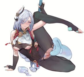 1girls anal anal_sex areolae bare_shoulders big_breasts big_penis black_legwear blue_tentacles blush bodysuit braided_hair breasts cameltoe clothed_sex clothing erection exposed exposed_breasts exposed_pussy feet female female_focus fingerless_gloves flexing genshin_impact gloves hair_accessory hi_res highres imminent_sex interspecies inverted_nipples iuui legs light-skinned_female light_skin long_hair male mihoyo nails navel navel_visible_through_clothes nipples penetration penis pubic_hair pussy ripped_clothing ripped_pants shenhe_(genshin_impact) slime slime_(genshin_impact) slime_monster slime_penis spread_legs stirrup_legwear stretching tentacle thick_thighs thighs tight_clothing uncensored white_background white_hair