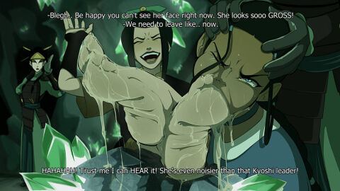 4girls avatar_legends avatar_the_last_airbender azula bullying dialogue dominant_female drool drool_on_face drooling english_text feet feet_up female femdom foot_fetish foot_focus foot_play foot_worship gagged gagging gagging_noise humiliated katara kiryu-sketchbook laugh laughing laughing_at mai_(avatar) princess sadistic_female smug soles text ty_lee