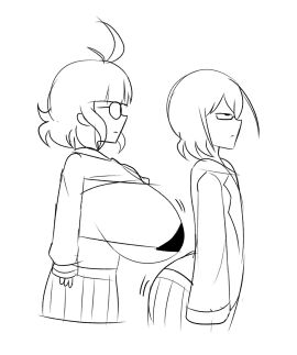 2girls ass ass_vs_breasts attribute_theft big_ass big_breasts breasts doodle dress emmarrgus female huge_ass huge_breasts hyper hyper_breasts keiko_(emmarrgus) nerd nerdy_female school_uniform silly tomiko_(emmarrgus)