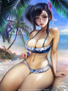 beach bikini breasts cleavage emerald_weapon_(artist) female female_only final_fantasy final_fantasy_vii final_fantasy_vii_rebirth final_fantasy_vii_remake flower_in_hair large_breasts sand sea sitting smile solo swimsuit tifa_lockhart tifa_lockhart_(shining_spirit) water