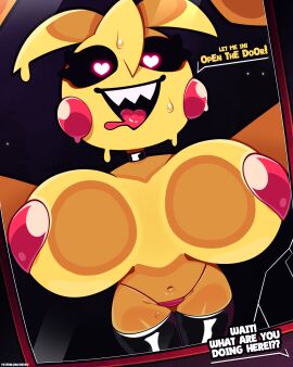 2d against_glass animatronic big_breasts breasts creepy_smile female five_nights_at_freddy's five_nights_at_freddy's_2 fnaf glowing_eyes heart-shaped_pupils heart_pasties inminent_sex latex_thighhighs looking_at_viewer micro_bikini necklace robot_girl sharp_teeth sheerly smile solo sweat text thick_thighs thighs toy toy_chica_(fnaf) yellow_body yellow_hair