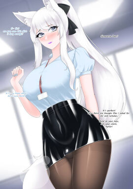 1futa animal_ears black_skirt blouse blue_shirt breasts bulge clothed clothing dialogue english_text female fox_ears fox_girl fox_tail fully_clothed futanari grey_eyes hairbow humanoid intersex jesscatg kemonomimi lanyard large_breasts latex latex_clothing light-skinned_futa light_skin lipstick long_fingernails looking_at_viewer nail_polish name_tag office office_lady original painted_fingernails painted_nails pantyhose pencil_skirt penis penis_under_clothes ponytail shiny_clothes shirt shirt_tucked_in skirt solo standing text tight_clothing white_hair