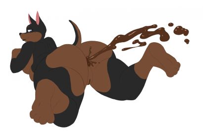 anthro anus canid canine canis defecating diarrhea dobermann domestic_dog el_brapitto feces feet female genitals hi_res lying mammal overweight overweight_female pinscher pussy scat solo