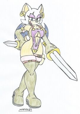 beige_body beige_fur big_breasts big_hips blue_eyes breasts dagger earrings eyeshadow female female_warrior furry golden_axe high_heel_boots leg_bag lipstick long_boots long_gloves marlon64 rouge_the_bat scar_across_eye solo_female sonic_(series) swimsuit swimwear sword thief traditional_drawing_(artwork) weapons white_background white_fur white_hair winged_humanoid