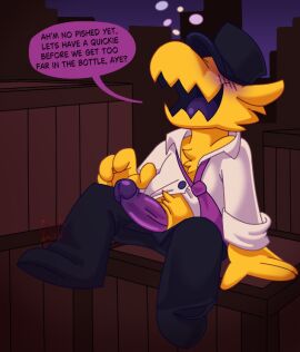 a_hat_in_time animal_genitalia anthro avian bird bubble clothing collared_shirt conductor_hat crate dress_shirt drunk drunk_bubble erection eyeless fluffy fluffy_chest genitals humanoid_genitalia humanoid_penis hybrid_genitalia hybrid_penis looking_at_viewer male necktie owl penis propositioning purple_penis purple_tongue scottish_accent sharp_teeth sheath sheathed_humanoid_penis shirt solo speech_bubble substance_intoxication talking_to_viewer teeth the_conductor_(ahit) tongue topwear tw1nkd3m0n unbuttoned_pants unbuttoned_shirt