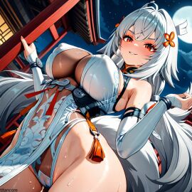 (titancore) ai_generated animal_humanoid big_breasts curvy_figure dominated female fluffy_tail girl hair_ornament monster_girl my_lady night puffy_nipples pussy_juice pussy_juice_drip revealing_clothes see-through_clothing shrine_maiden sweatdrop tail thiren transformation video_game_character wet_pussy white_form white_hair ye_shunguang zenless_zone_zero