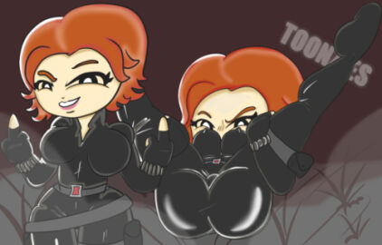 2017 black_suit black_widow_(marvel) female hard_nipples heroine marvel marvel_comics middle_finger nipples_visible_through_clothing orange_hair solo spread_legs tagme tight_clothing toonziestv