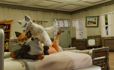 3d anal anal_sex anthro arctic_fox bed bedroom blender_eevee blue_eyes bookshelf canid canine clothing digital_media_(artwork) duo epic_games fennix_(fortnite) fortnite fox from_behind_position fur furniture gloves handwear hi_res hug hugging_object hugging_pillow incest_(lore) jockey_position looking_pleasured male male/male mammal orange_body orange_eyes paint pat3awelitas300 penetration penile penile_penetration penis pillow prone_bone_position red_fox sex smile tail true_fox volpez_(fortnite) weapon white_body