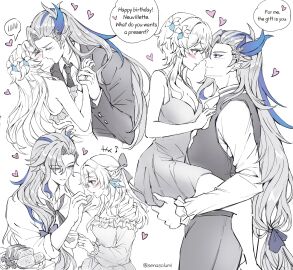 1boy 1girls female genshin_impact kissing long-haired_female long-haired_male long_hair lumine_(genshin_impact) male neuvillette_(genshin_impact) romantic senasolumi straight