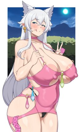 1girls animal_ears blue_condom blush bodycon breasts condom_belt condoms female female_only fenrys filled_condoms fox_ears fox_girl green_condom huge_breasts intruder_(1391685345) licking_lips light-skinned_female light_skin long_hair lv2_kara_cheat_datta_motoyuusha_kouho_no_mattari_isekai_life male netorare nipples nipples_visible_through_clothing outside penis penis-shaped_accessory pink_condoms prostitution smile solo thick_thighs unopened_condom_wrapper used_condom used_condoms white_hair