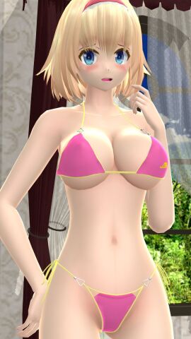 1girls 2023 3d alice_margatroid belly_button bikini blonde-haired_female blue_eyes blue_sky blush breasts cleavage clouds curtains female hand_behind_back hati_yukkuri_mmd headband hips human indoors light-skinned_female light_skin looking_at_viewer mansion mmd one_arm_up open_mouth pink_bikini short-haired_female shy sky solo_female solo_focus swimsuit touhou trees waist window