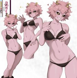 bikini bikini_bottom bikini_top black_bikini black_bra black_eyes black_panties boku_no_hero_academia breasts cleavage dashi_art female horn horns midriff mina_ashido my_hero_academia pink_hair pink_skin pinup pinup_girls pinup_pose sexy solo solo_female solo_focus thighs toned toned_female underwear
