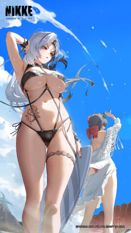 2girls amber_eyes back_tattoo barely_clothed beach bikini black_hair black_nail_polish black_nails breasts female female_focus female_only game_cg goddess_of_victory:_nikke hi_res high_resolution highres hips huge_breasts large_breasts legs official_art rosanna_(chic_ocean)_(nikke) rosanna_(nikke) sakura_(bloom_in_summer)_(nikke) sakura_(nikke) summer sunlight surfboard swimsuit tattoo tattooed_arm tattoos thick_thighs thighs underboob wallpaper white_hair