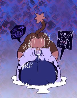 amber_(felineflustered) anthro anus asriel_dreemurr asriel_dreemurr_(god_form) balls big_balls bodily_fluids bovid caprine cellulite cum cum_pool demon domestic_cat eyewear felid feline felineflustered felis futanari genital_fluids genitals glasses goat heart_symbol huge_balls hyper hyper_balls hyper_genitalia intersex intersex/male male mammal onomatopoeia puffy_anus rear_view size_difference small_dom_big_sub sound_effects text undertale undertale_(series)