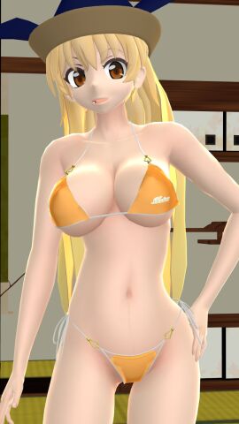 1girls 2023 3d arm_on_hip belly_button bikini blonde-haired_female breasts brown_eyes clavicle cleavage deity female hat hati_yukkuri_mmd headwear indoors interior_background jpeg light-skinned_female light_skin long-haired_female mature_female midriff mmd okina_matara open_mouth posing solo_female solo_focus swimsuit touhou uncanny_valley waist yellow_bikini