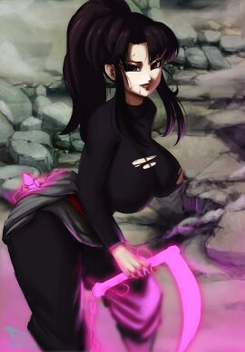 1girls artist_name barely_contained_breasts black_hair black_outfit breasts busty chichi corruption dragon_ball dragon_ball_super dragon_ball_z exposed_cleavage female huge_breasts leaning_forward light-skinned_female light_skin milf novasayajingoku ponytail purple_eyes small_waist tight_clothing torn_clothes