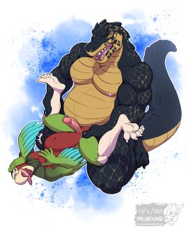 2024 abstract_background anal anal_sex anthro ass avian balls biceps bird crocodile crocodilian duo erection genital_piercing genitals hi_res humanoid_genitalia humanoid_penis kneeling legs_up looking_pleasured male male/male muscular muscular_male nipples open_mouth open_smile parrot pecs penetration penile penile_penetration penis penis_in_ass penis_piercing piercing prince_albert_piercing reptile scalie sex size_difference smile stomach_bulge tongue tongue_out vallhound