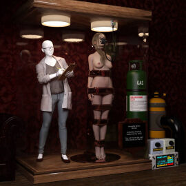 1girls 3d annette_birkin arms_at_sides asleep barefoot bound bound_arms bound_legs bound_neck breasts captured captured_heroine chloroform clothes_removed completely_nude defeated defeated_heroine display display_case english_text eyes_closed feet female forniphilia gas_mask helpless helpless_female human_furniture human_trophy immobile indoors labcoat legs_together living_statue living_trophy mannequin midriff name_tag nipples nude nude_female oldmanjaay overhead_light permanent_bondage plaque pussy pussy_obscured resident_evil sign solo_female stasis_chamber stationary_restraints stripped stripped_naked suspension suspension_bondage text trophy_case unconscious