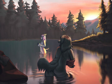 2futas anthro ass backsack balls ballsack breasts canid canine cervid cervine colored_hair constance_(glopossum) deer elise_(glopossum) evergreen_tree furry futanari glopossum intersex intersex_only lake nude outdoor_nudity outdoors penis removing_clothing removing_shirt sunset tagme trans_woman transfem water wilderness