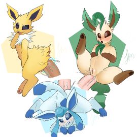 absurd_res ass ass_up blue_body blue_fur blush bodily_fluids clenched_teeth cum cum_in_ass cum_inside cute_fangs eeveelution electrogenesis electrostimulation female feral feral_penetrated fur generation_1_pokemon generation_4_pokemon genital_fluids genitals glaceon group hi_res human_penetrating_anthro human_penetrating_feral interspecies jolteon just_mae leaf leaf_tail leafeon lying male male/female neck_tuft nintendo on_back penetration pokemon pokemon_(species) pokemon_only pokephilia pussy spread_legs spreading sweat tail tan_body teeth tuft