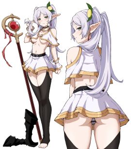 1girls ass bare_midriff belt breasts elf elf_ears elf_female female female_focus female_only frieren kekel light-skinned_female light_skin looking_at_viewer midriff miniskirt panties revealing_clothes simple_background skimpy_clothes skirt solo sousou_no_frieren stockings thighhighs thighs underboob