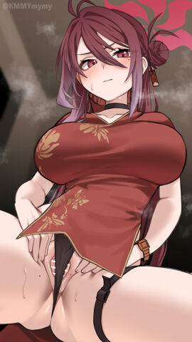 1girls bar_censor black_panties black_tortoise_promenade_(blue_archive) blue_archive censored china_dress chinese_clothes commentary_request dress female female_only halo highres kumamiya light-skinned_female light_skin panties partially_visible_vulva pussy red_dress red_eyes red_hair red_halo reijo_(blue_archive) shanhaijing_secondary_school_student solo spread_pussy twitter_username underwear