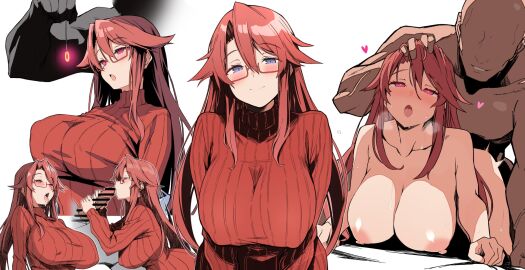 absurd_res absurdres all_fours alternate_eye_color aty_(summon_night) bar_censor batta_16-sei blue_eyes blush breasts breath censored cheating cheating_girlfriend closed_mouth coin coin_on_string collarbone commentary completely_nude covered_nipples curtained_hair dark-skinned_male dark_skin doggy_style drooling empty_eyes erection faceless faceless_male fellatio female glasses grabbing_another's_hair hair_between_eyes half-closed_eyes hand_on_another's_head happy_trance heart heart-shaped_pupils highres holding_another's_hair human_sex_toy hypnosis hypnosis_sex hypnotized_sex large_breasts licking licking_penis long_hair long_sleeves looking_at_viewer male mind_control molestation molesting multiple_views netorare nipples ntr nude open_mouth oral parted_bangs penis red-framed_eyewear red_eyes red_hair red_sweater ribbed_sweater rolling_eyes saliva semi-rimless_eyewear sex sex_from_behind sex_slave sidelocks simple_background smile straight summon_night sweat sweater symbol-shaped_pupils tech_control text tongue torogao turtleneck turtleneck_sweater ugly_bastard ugly_man unaware unaware_hypnosis unbothered upper_body utter_domination white_background