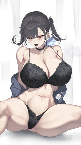 1girls absurdres annasui_factory arms_behind_back asymmetrical_bangs black_bra black_collar black_hair black_jacket black_panties blush bra breasts cleavage collar collarbone female goddess_of_victory:_nikke grin highres huge_breasts id_card jacket long_hair mole mole_under_eye naughty_face navel open_clothes open_jacket open_mouth panties red_eyes saliva simple_background sitting smile solo sora_(nikke) stomach thighs twintails underwear undressing white_background