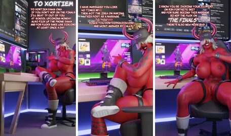 3d arm_tattoo ass big_breasts breasts demon demoness desdemona_(fortnite) female fortnite gameplay_screenshot glands_of_montgomery hop_on_(meme) horns massage muscular muscular_female plump_labia pussy red_skin succubus tail tattoo the_finals thick_ass thick_thighs threatening threatening_viewer threatening_violence white_hair ya_path