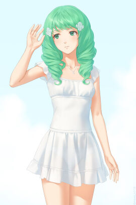 1girls adorable alternate_costume breasts closed_mouth cute dress drill_hair female female_only fire_emblem fire_emblem:_three_houses flayn_(fire_emblem) green_eyes green_hair hair_ornament hairclip highres looking_to_the_side miura-n315 necklace nintendo not_porn panties see-through sfw small_breasts solo twin_drills underwear white_dress white_panties wholesome