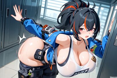 (titancore) ai_generated black_hair blushing curvy_figure female girl huge_ass huge_breasts locker_room multicolored_hair naughty_girl open_jacket pants_down police police_station police_uniform ponytail red_eyes red_hair slapping_butt video_game_character zenless_zone_zero zhu_yuan