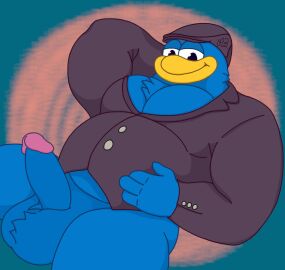 anthro avian balls balls_tuft big_balls big_pecs bird blazer blue_balls blue_body blue_eyes blue_penis bottomless chest_tuft clothed clothing dress_shirt erection flat_cap genitals hat headgear headwear hi_res king_dedede kirby_(series) looking_at_viewer male nintendo overweight overweight_male pecs penguin penis shirt sitting smile solo topwear tuft waniiime
