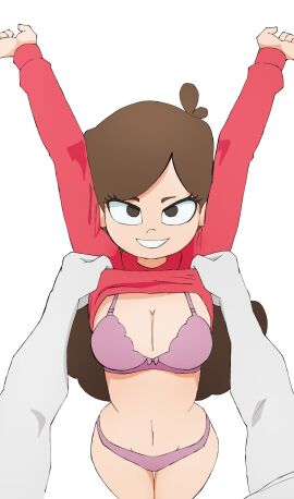 1boy 1girls bra breasts breekn brown_eyes brown_hair cleavage disney female female_focus gravity_falls happy human human_only long_hair looking_at_viewer mabel_pines male male_pov panties pov purple_bra purple_panties smile solo_focus sweater_lift underwear undressing white_background