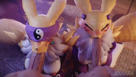 2boys 2girls 3d all_the_way_to_the_base animated anthro anthro_on_human aznyan07 big_breasts blindfold blowjob breasts deepthroat digimon digimon_(species) digimon_tamers fellatio oral oral_penetration oral_sex renamon shorter_than_30_seconds sound tagme video