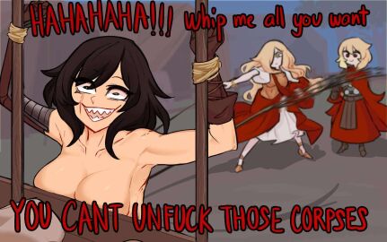 3girls big_breasts breasts centurii-chan centurii-chan_(character) dialogue english_text executioner_maid_(centuriic) female female_focus female_only humor legate-chan_(centurii-chan) meme necrophilia sharp_teeth tagme text whipping