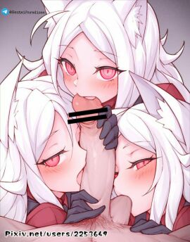 1boy 3girls animal_ear_fluff animal_ears balls balls_sucking bar_censor black_gloves blush censored cerberus_(helltaker) collaborative_fellatio cooperative_fellatio demon demon_girl dog_ears dog_girl erection fellatio female gloves group_sex harem helltaker licking licking_penis long_hair looking_at_viewer male male_pubic_hair multiple_females multiple_girls oerba_yun_fang oral penis pixiv_id pov pubic_hair red_eyes red_shirt shimaidon_(sex) shirt siblings sisters straight teamwork testicles tongue tongue_out triplets watermark web_address white_hair