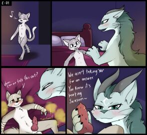 animal_genitalia animal_penis anthro balls bed blush canid canine canine_genitalia canine_penis carpet comic_panel domestic_cat dragon duo e-01 felid feline feline_genitalia feline_penis felis female feral fur furniture genitals grey_body grey_fur handjob hi_res hybrid in_heat male male/female male_on_feral mammal mating_season mythological_canine mythological_creature mythological_scalie mythology penile penis playful scalie sex sheath singing text transformation unexpected werecanid werecanine werecreature werewolf white_body white_fur yellow_eyes