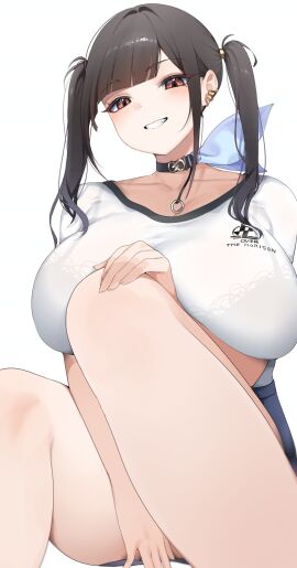 absurdres belt belt_collar black_belt black_bra black_hair blue_skirt bra bra_visible_through_clothes breasts brown_eyes collar collarbone commentary ear_piercing f7k_x5 female goddess_of_victory:_nikke highres huge_breasts looking_at_another looking_at_viewer piercing see-through_clothes shirt short_sleeves simple_background sitting skirt smile solo sora_(nikke) teeth thighs underwear white_background white_shirt